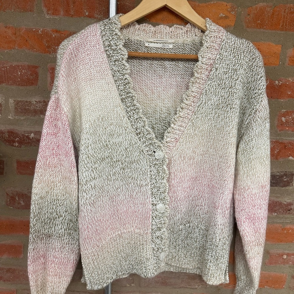 Anthropologie Aimee Scalloped Pink Color Block  Cardigan Medium